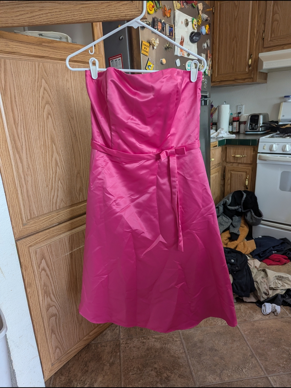 Strapless Fuchsia Satin A-Line Dress with Waist Tie
